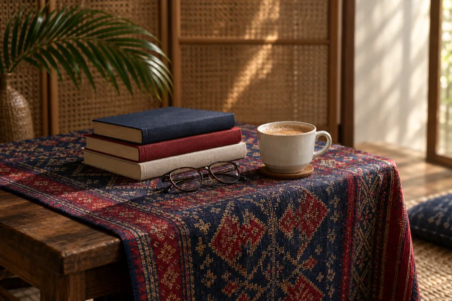 A stack of books resting on a handwoven songket cloth beside a cup of teh tarik.