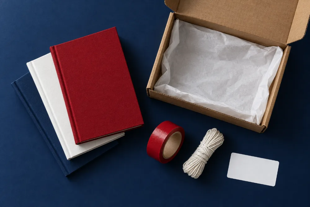Three books beside an open shipping box, packing tape and a blank address label.